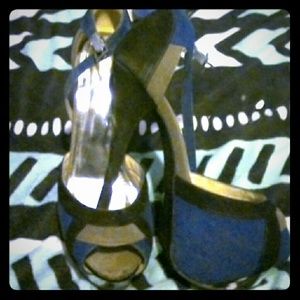 Blue suede ankle strap heels